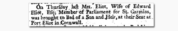 1758 Birth Notice for Edward James Eliot