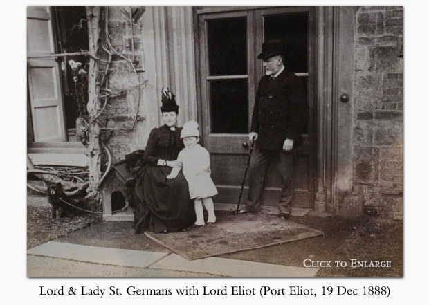 Henry and Emily, Earl and Countess St. Germans with Lord Eliot & Puck the Dog, 19 Dec 1888 (Port Eliot Collection, Box AA 39)