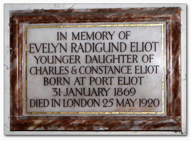 Memorial Plaque at St. Germans Church to Evelyn Eliot