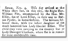 Harriet Hester Eliot taken to Burton Pynsent in 'Morning Post' 07 Nov 1786