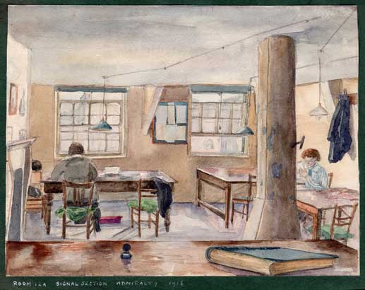 Room 12A of the Signal Section (Admiralty) in 1916, watercolour by Eleanor Violet Jauncey
