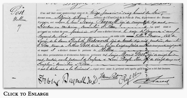 Birth Register for Helen Agnes Post (Pau, France)