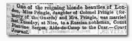 Eleanor Pringle Marries Serge Plaoutine 'Sheffield Daily Telegraph' 07 May 1867