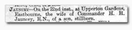 Birth Announcement for Jauncey Baby 'Evening News' 24 Sep 1886