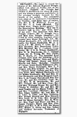 Funeral of Edward Reginald Pringle in 'Kent and Sussex Courier' 30 Jan 1914